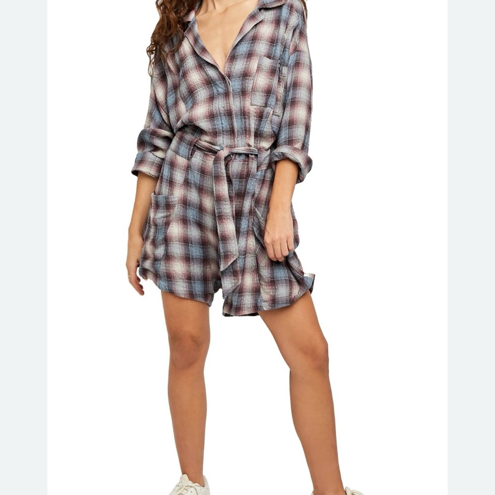 Free People Plaid Romper in Blue and Brown